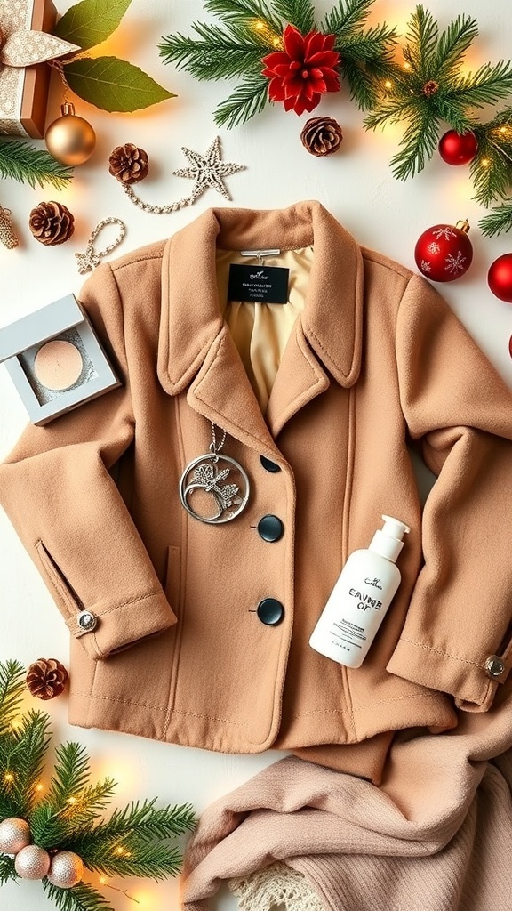 Christmas Wishlist Ideas for Women 2025 Flat lay of Christmas gifts for women featuring a winter coat, jewelry, skincare, and a throw blanket with festive decorations.
